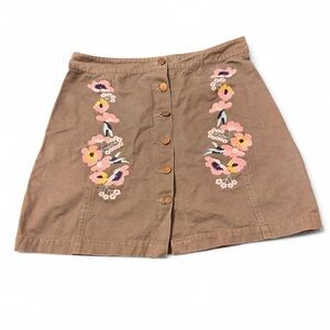En Creme Brown Mini Skirt with Pink Floral Embroidery